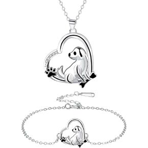 Dog Memorial Jewelry Set, Silver Plated Bone Charm Necklace and Bracelet, Stainless Steel, Adjustable
