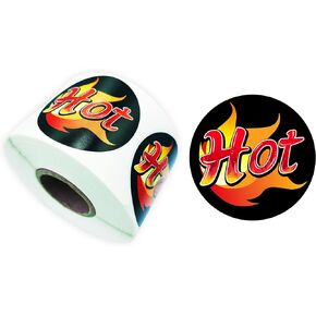Black Red Hot Stickers Labels, 1.5 Inch (3.81cm) Flame Shaped Hot Labels, HOT Imprint Flame Hot Sticker Labels 500/Roll