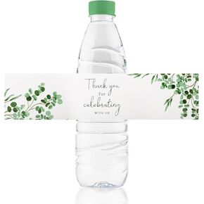 Wedding Water Bottle Labels Thank You, 100Pcs Greenery Water Bottle Wraps Eucalyptus Leaf Wraparound Labels Water Bottle Stickers for Birthday Bride Shower