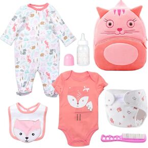 7 PCS Reborn Baby Doll Clothes Fox Accessories 22 inch Baby Doll Caring Set with Backpack Bottle Diaper for Girls,Doll Clothes fit 20-24 inch Reborn Dolls Toys Gift Fox Set
