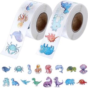 1000Pcs Animal Stickers Reward Ocean Animal and Dinosaur Stickers for Kids, Cute Cartoon Animal Party Favor Decal for Teacher Reward School Classroom Supplies Incentives (2 Rolls)