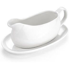 Gurygo 17oz Large White Ceramic Gravy Boat with Tray - Porcelain Gravy Boat with Large Pour and Fewer Drips - Ceramic Sauce Boat for Gravy, Salad Dressings, Microwave & Freezer Safe