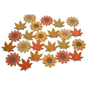 Novel Merk Autumn Sunflower & Leaf Miniature Fall Time Themed Arts and Crafts Wood Cut Out Embellishments Orange, Yellow, & Red Sun Flower & Daisy (24 Pieces)