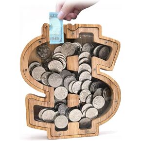 Wooden Doller Piggy Bank for Kids ، و Clear Piggy Bank مع ملصقات نافذة وملصقات رسائل شفافة ، وبنك عملة غير قابلة للكسر للبالغين الأولاد ، والتوفير الإبداعي جرة الشخصية الحاضر