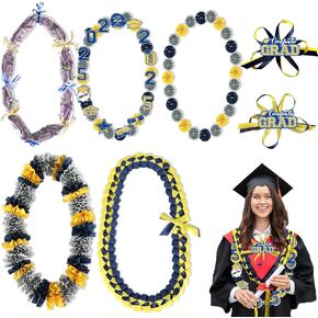 2025 أموال التخرج Lei Candy Kit Ribbon Money Lei Grad Necklace Making Kit DIY Leis Congrats High School College Grad Hight Blue and Glod Party Supplies