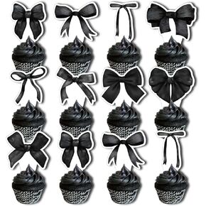 24 PCS Bow Decorations,Black Bow Cupcake Toppers Bow Cupcake Toppers Bow Coquette Birthday Cake Decorations for Bow Coquette Birthday,Baby Shower, Bridal Shower Party Decor