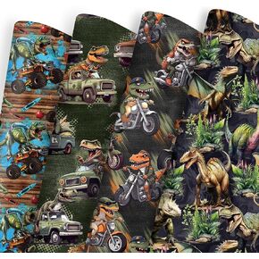 ورقة تغليف ديناصور Dtiafu للأولاد عيد ميلاد عيد ميلاد استحمام الطفل - 4 نمط Motocycles Monster Trucks Forest T -Rex Plated Flat - 20inch x 28inch لكل ورقة (8 صفائح