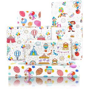 ورق ملفات الورق 8 أوراق في 4 تصاميم ، مهرج البهلوان البهلوان فيريس عجلات البالون خيمة Merry-Go-Go-Go-Rounds طباعة على ورق فني أبيض ، ورقة غلاف هدية للسيرك اللطيف لعطلة عيد ميلاد استحمام الطفل
