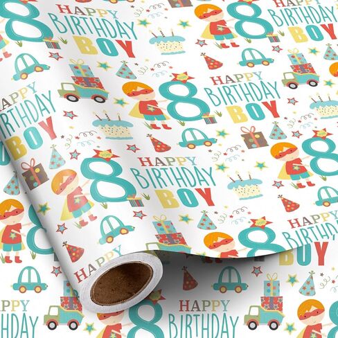 RUSPEPA Happy 8th Birthday Wrapping Paper Roll for Boys, Mini Roll, Blue Cute Boy, Gift, Car and Cake Pattern Gift Wrap Paper for Birthday Party and More, 17 Inches x 16.4 Feet, 8 Years Old in Saudi Arabia