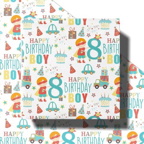RUSPEPA Happy 8th Birthday Wrapping Paper Roll for Boys, Mini Roll, Blue Cute Boy, Gift, Car and Cake Pattern Gift Wrap Paper for Birthday Party and More, 17 Inches x 16.4 Feet, 8 Years Old in Saudi Arabia