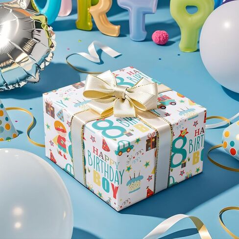 RUSPEPA Happy 8th Birthday Wrapping Paper Roll for Boys, Mini Roll, Blue Cute Boy, Gift, Car and Cake Pattern Gift Wrap Paper for Birthday Party and More, 17 Inches x 16.4 Feet, 8 Years Old in Saudi Arabia
