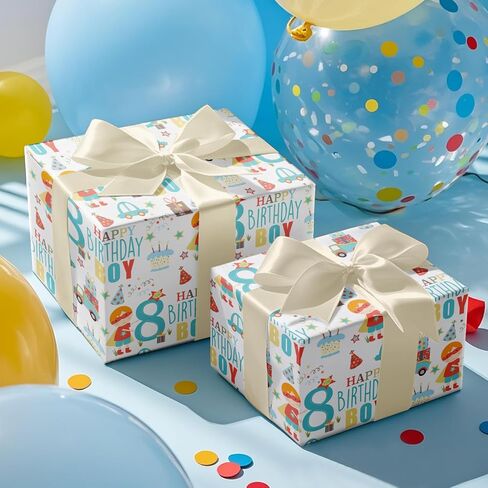 RUSPEPA Happy 8th Birthday Wrapping Paper Roll for Boys, Mini Roll, Blue Cute Boy, Gift, Car and Cake Pattern Gift Wrap Paper for Birthday Party and More, 17 Inches x 16.4 Feet, 8 Years Old in Saudi Arabia