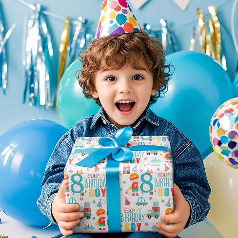 RUSPEPA Happy 8th Birthday Wrapping Paper Roll for Boys, Mini Roll, Blue Cute Boy, Gift, Car and Cake Pattern Gift Wrap Paper for Birthday Party and More, 17 Inches x 16.4 Feet, 8 Years Old in Saudi Arabia