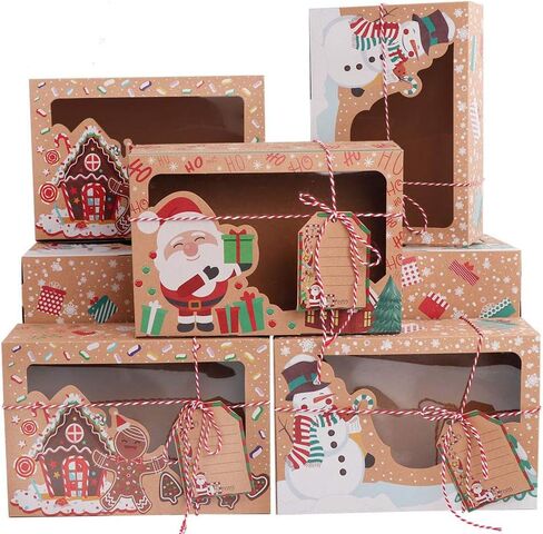 ourwarm 12 Pack Christmas Cookie Boxes مع نافذة ، وصناديق ذات عطلات كبيرة من مخبز الطعام لتقديم الهدايا ، والمعجنات ، والحلوى ، وفضلات الحفلات ، وصناديق هدايا عيد الميلاد كرافت مع أشرطة وعلامات هدايا DIY in Kuwait