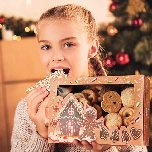 ourwarm 12 Pack Christmas Cookie Boxes مع نافذة ، وصناديق ذات عطلات كبيرة من مخبز الطعام لتقديم الهدايا ، والمعجنات ، والحلوى ، وفضلات الحفلات ، وصناديق هدايا عيد الميلاد كرافت مع أشرطة وعلامات هدايا DIY in Kuwait