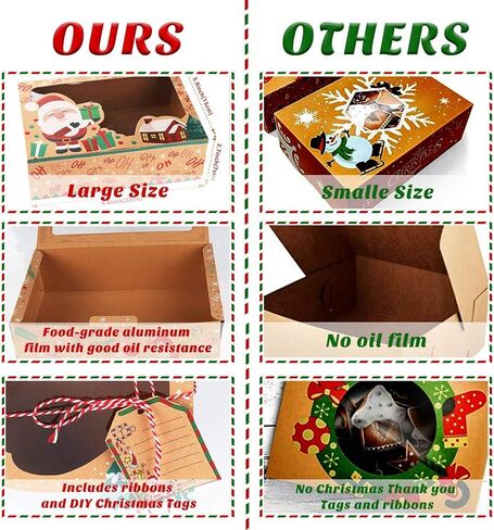 ourwarm 12 Pack Christmas Cookie Boxes مع نافذة ، وصناديق ذات عطلات كبيرة من مخبز الطعام لتقديم الهدايا ، والمعجنات ، والحلوى ، وفضلات الحفلات ، وصناديق هدايا عيد الميلاد كرافت مع أشرطة وعلامات هدايا DIY in Kuwait