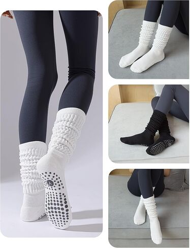 Yawlsow Pilates Socks with Grips for Women Yoga Ruffle Grippy Non Slip Long Slouchy Scrunch Socks for Barre Workout Hospital in Kuwait