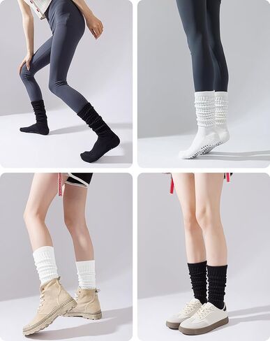 Yawlsow Pilates Socks with Grips for Women Yoga Ruffle Grippy Non Slip Long Slouchy Scrunch Socks for Barre Workout Hospital in Kuwait
