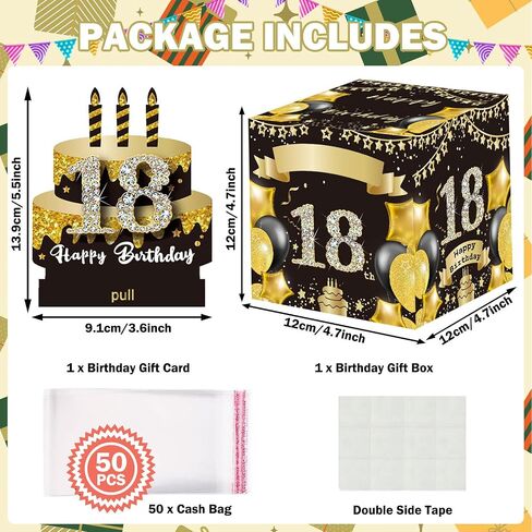 18th Birthday Surprise Gift Box, Happy 18th Birthday Money Gift Boxes for Cash Surprise Pull Out Money Gift Box Birthday Gifts for Boys Girls 18th Birthday Party Decorations (with 50PCS Bags) in Saudi Arabia
