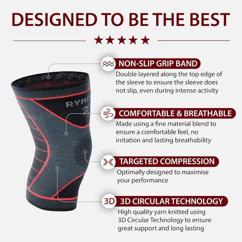 Rymora Knee Compression Sleeves for Men Women - Knee Braces 1 Pair or Single - Knee Support Sleeves for Knee Pain Running Weightlifting Gym Workout Sports in Kuwait