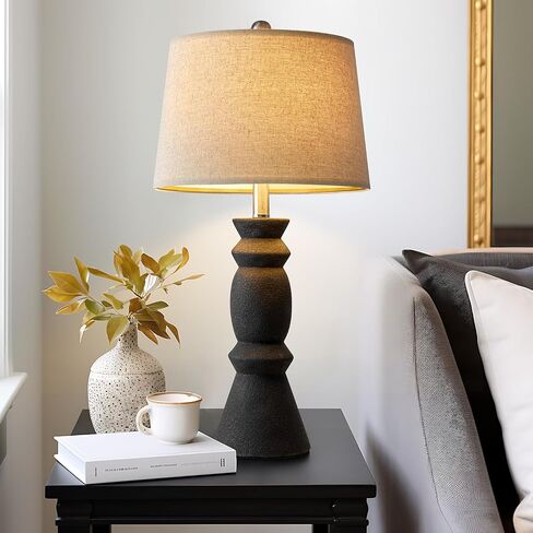 Oneach 25'' Farmhouse Ceramic Table Lamp Set of 2 for Bedroom Living Room House Decor Deep Charcoal Grey Desk Lamps Home Office Dorm Rustic Modern Style Lamp in Saudi Arabia