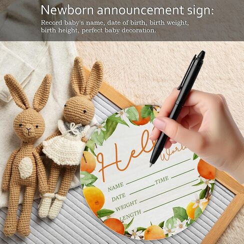 Baby Announcement Sign for Newborn Boys or Girls, Hello World Newborn Sign, Nursery Wall Decor, Baby Name Sign, Strawberry Theme Birch Wood 6 inch Circle Board Birth Stat Sign, Newborn Gifts in Kuwait
