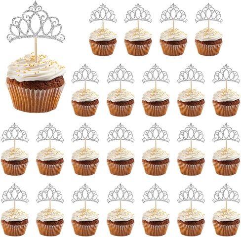 24pcs Crown Cupcake Topcake Topcake Glitter Queen Crown Cupcake تختار للملكة Princess موضوع استحمام الطفل الفتيات زواج أعياد عيد ميلاد اللوازم (Silver) in Saudi Arabia