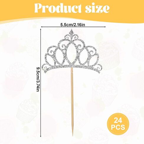24pcs Crown Cupcake Topcake Topcake Glitter Queen Crown Cupcake تختار للملكة Princess موضوع استحمام الطفل الفتيات زواج أعياد عيد ميلاد اللوازم (Silver) in Saudi Arabia