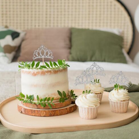 24pcs Crown Cupcake Topcake Topcake Glitter Queen Crown Cupcake تختار للملكة Princess موضوع استحمام الطفل الفتيات زواج أعياد عيد ميلاد اللوازم (Silver) in Saudi Arabia