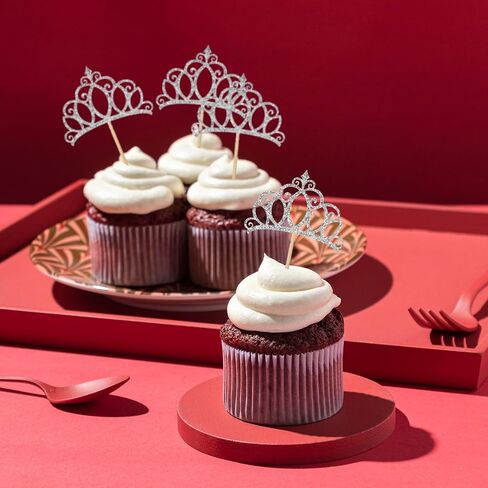 24pcs Crown Cupcake Topcake Topcake Glitter Queen Crown Cupcake تختار للملكة Princess موضوع استحمام الطفل الفتيات زواج أعياد عيد ميلاد اللوازم (Silver) in Saudi Arabia