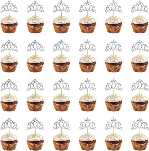 24pcs Crown Cupcake Topcake Topcake Glitter Queen Crown Cupcake تختار للملكة Princess موضوع استحمام الطفل الفتيات زواج أعياد عيد ميلاد اللوازم (Silver) in Saudi Arabia