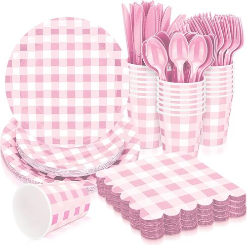 168 Pcs Gingham Party Supplies for 24 Guests Paper Plates Knives Spoons Forks Napkins Cups Disposable Set Cutlery for Checkered Dinner Wedding Party Favor(Sage Green) in Kuwait
