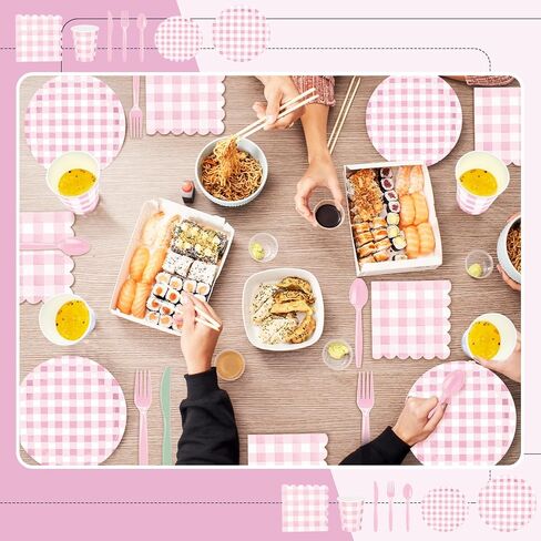 168 Pcs Gingham Party Supplies for 24 Guests Paper Plates Knives Spoons Forks Napkins Cups Disposable Set Cutlery for Checkered Dinner Wedding Party Favor(Sage Green) in Kuwait