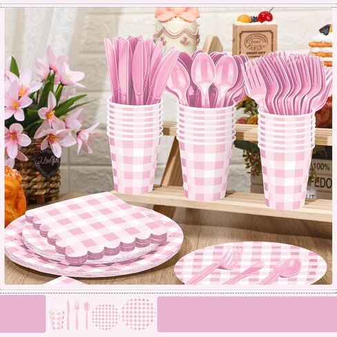 168 Pcs Gingham Party Supplies for 24 Guests Paper Plates Knives Spoons Forks Napkins Cups Disposable Set Cutlery for Checkered Dinner Wedding Party Favor(Sage Green) in Kuwait