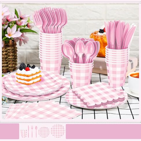 168 Pcs Gingham Party Supplies for 24 Guests Paper Plates Knives Spoons Forks Napkins Cups Disposable Set Cutlery for Checkered Dinner Wedding Party Favor(Sage Green) in Kuwait