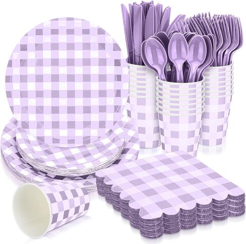 168 Pcs Gingham Party Supplies for 24 Guests Paper Plates Knives Spoons Forks Napkins Cups Disposable Set Cutlery for Checkered Dinner Wedding Party Favor(Sage Green) in Kuwait