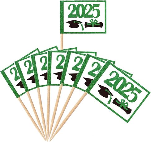 100 PCS Mini Graduation 2025 Toinpick Flags Decorations Decorations theme ، خريجي فئة 2025 Cap Diploma Cupcake Topcake Cocktail Food Flags Decor （Green） in Kuwait