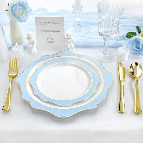 100 PCS White Disposable Plates for 50 Guests, Scalloped Plastic Plates Include 50 Dinner Plates and 50 Dessert Plates for Party, Wedding in Saudi Arabia