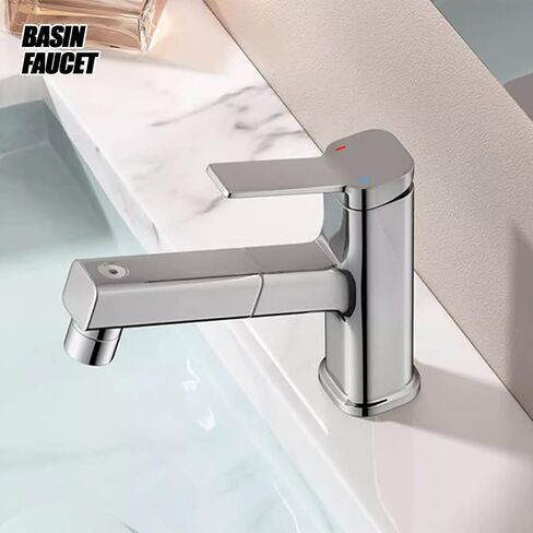 Bathroom Faucet - Three Water Modes (Spray, Stream, Fountain), Pull-Out Sprayer, Honeycomb Aerator, Easy Installation, Durable Ceramic Valve - Ideal for Family and Modern Bathrooms (Grey) in Saudi Arabia