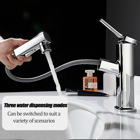 Bathroom Faucet - Three Water Modes (Spray, Stream, Fountain), Pull-Out Sprayer, Honeycomb Aerator, Easy Installation, Durable Ceramic Valve - Ideal for Family and Modern Bathrooms (Grey) in Saudi Arabia