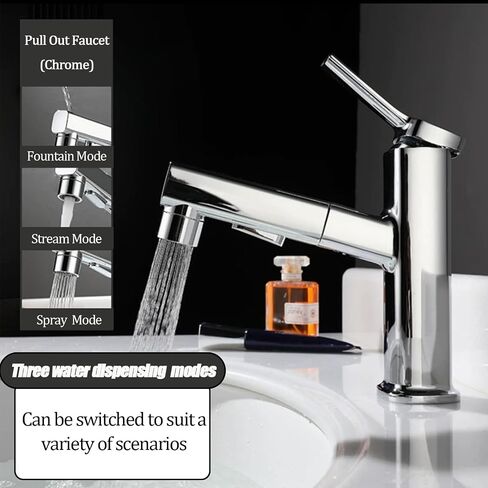 Bathroom Faucet - Three Water Modes (Spray, Stream, Fountain), Pull-Out Sprayer, Honeycomb Aerator, Easy Installation, Durable Ceramic Valve - Ideal for Family and Modern Bathrooms (Grey) in Saudi Arabia
