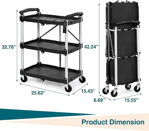 Collapsible Utility Cart, 3-Tier Foldable Service Cart with 360° Swivel Wheels, Ergonomic Handle, Heavy Duty Portable Rolling Tool Cart for Garage, Warehouse, Office, Black in Saudi Arabia