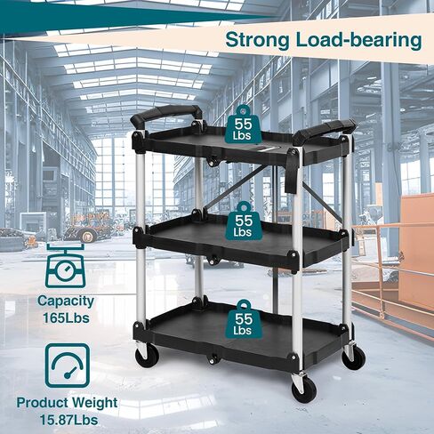 Collapsible Utility Cart, 3-Tier Foldable Service Cart with 360° Swivel Wheels, Ergonomic Handle, Heavy Duty Portable Rolling Tool Cart for Garage, Warehouse, Office, Black in Saudi Arabia