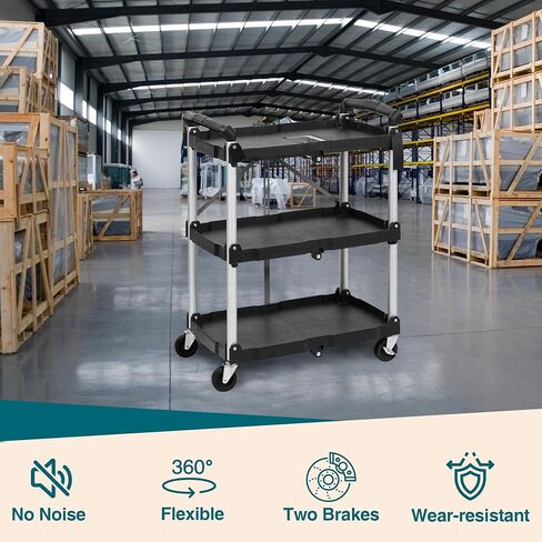 Collapsible Utility Cart, 3-Tier Foldable Service Cart with 360° Swivel Wheels, Ergonomic Handle, Heavy Duty Portable Rolling Tool Cart for Garage, Warehouse, Office, Black in Saudi Arabia