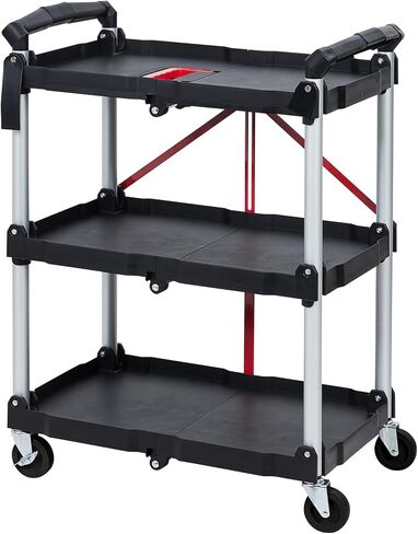 Collapsible Utility Cart, 3-Tier Foldable Service Cart with 360° Swivel Wheels, Ergonomic Handle, Heavy Duty Portable Rolling Tool Cart for Garage, Warehouse, Office, Black in Saudi Arabia