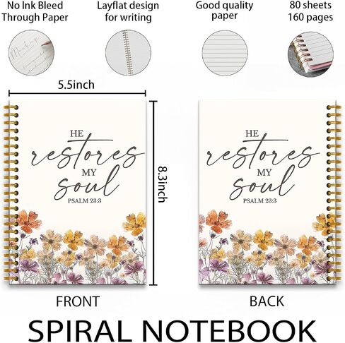 Christian Bible Notebook Journal, Christian Gifts for Women, Bible Notebooks for Note Taking, He Restores My Soul Journaling Notebook, Faith Based Gifts, Spiral Notebook,160 Pages in Saudi Arabia