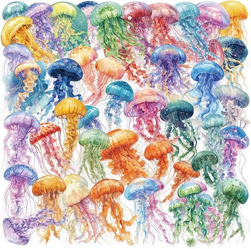 50PCS Jellyfish Transparent Stickers Pack,Aesthetic Colorful Cute Jelly Fish Decor Gifts for Kids Teens Adults Waterproof Vinyl PET Ocean Animal Stickers for Scrapbook Party Favors (Jellyfish) in Kuwait