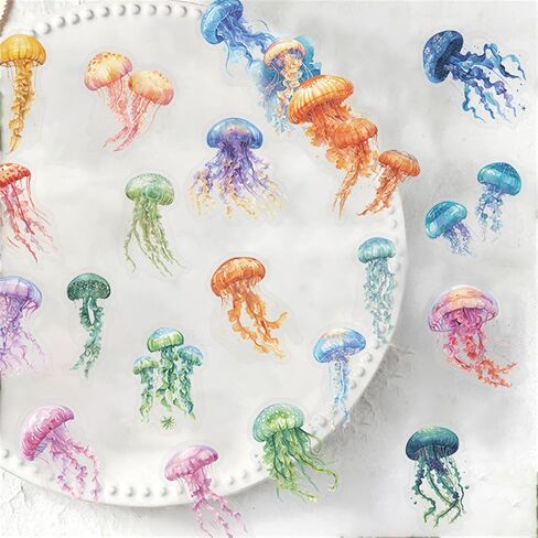 50PCS Jellyfish Transparent Stickers Pack,Aesthetic Colorful Cute Jelly Fish Decor Gifts for Kids Teens Adults Waterproof Vinyl PET Ocean Animal Stickers for Scrapbook Party Favors (Jellyfish) in Kuwait
