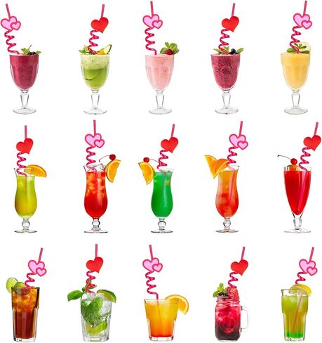 24 PCS Valentines Drinking Straws Reusable Red Love Heart Straws Crazy Loop Straws Valentine School Party Decor Straws for Valentine's Day Party Wedding Bachelorette Party Supplies Favors in Saudi Arabia