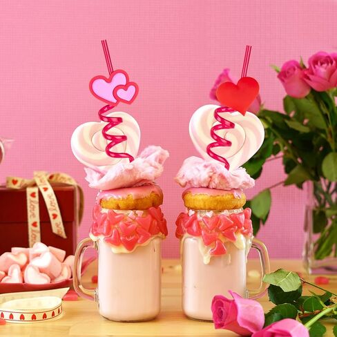 24 PCS Valentines Drinking Straws Reusable Red Love Heart Straws Crazy Loop Straws Valentine School Party Decor Straws for Valentine's Day Party Wedding Bachelorette Party Supplies Favors in Saudi Arabia